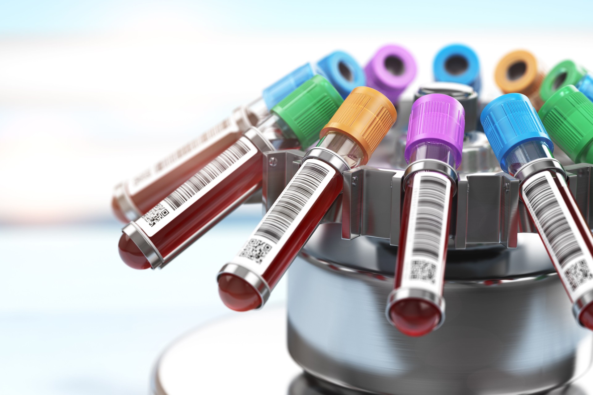 Blood test tubes in centrifuge. Plasma preparation in medical  hematology laboratory concept.